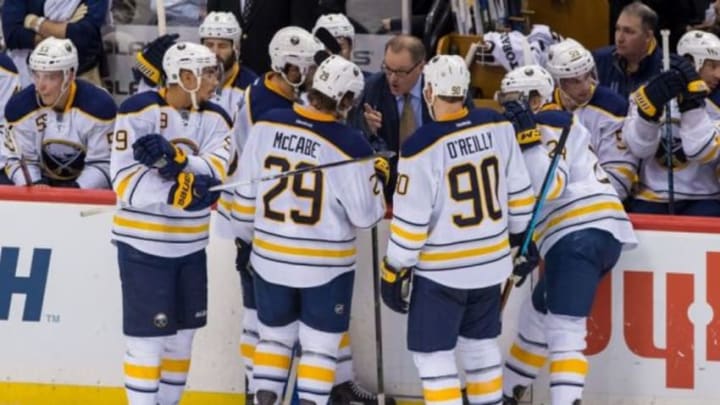 Jan 12, 2016; Saint Paul, MN, USA; Buffalo Sabres head coach Dan Bylsma talks to his team during a tmeout in the third period against the Minnesota Wild at Xcel Energy Center. The Buffalo Sabres beat the Minnesota Wild 3-2. Mandatory Credit: Brad Rempel-USA TODAY Sports