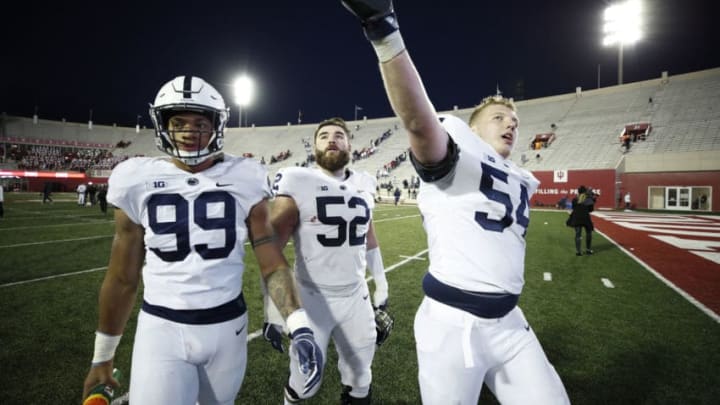 BLOOMINGTON, IN - OCTOBER 20: Robert Windsor #54, Ryan Bates #52 and Yetur Gross-Matos #99 of the Penn State Nittany Lions celebrate as they leave the field after the game against the Indiana Hoosiers at Memorial Stadium on October 20, 2018 in Bloomington, Indiana. Penn State won 33-28. (Photo by Joe Robbins/Getty Images)