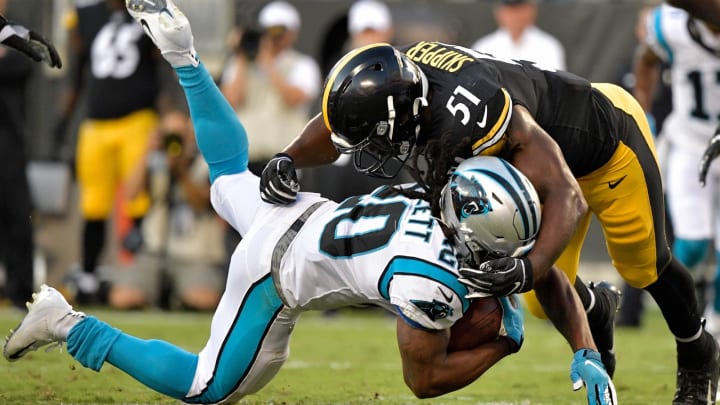CHARLOTTE, NORTH CAROLINA – AUGUST 29: Tuzar Skipper #51 of the Pittsburgh Steelers tackles Jordan Scarlett #20 of the Carolina Panthers during the first half of their preseason game at Bank of America Stadium on August 29, 2019 in Charlotte, North Carolina. (Photo by Grant Halverson/Getty Images)