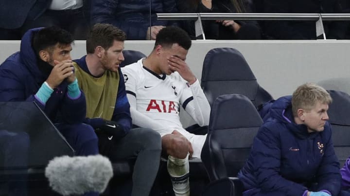 Tottenham Hotspur's English midfielder Dele Alli reacts after having been substituted off the pitch during the UEFA Champions League round of 16 first Leg football match between Tottenham Hotspur and RB Leipzig at the Tottenham Hotspur Stadium in north London, on February 19, 2020. (Photo by Adrian DENNIS / AFP) (Photo by ADRIAN DENNIS/AFP via Getty Images)