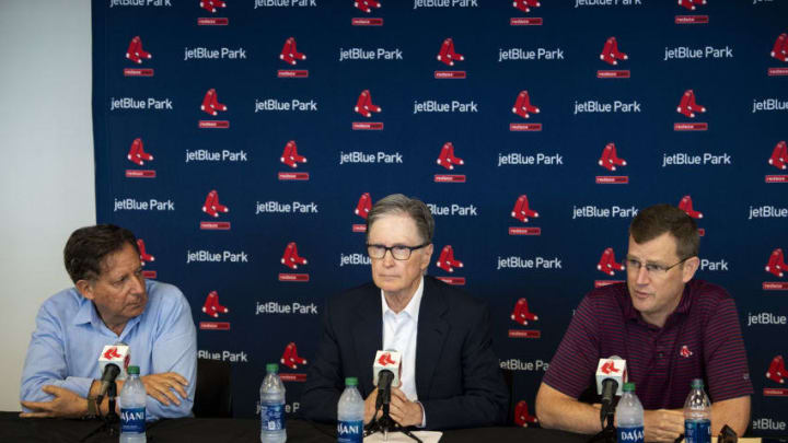 FT. MYERS, FL - FEBRUARY 17: Chairman Tom Werner, Principal Owner John Henry, and President & CEO Sam Kennedy of the Boston Red Sox speak to the media during a press conference during a team workout on February 17, 2020 at jetBlue Park at Fenway South in Fort Myers, Florida. (Photo by Billie Weiss/Boston Red Sox/Getty Images)