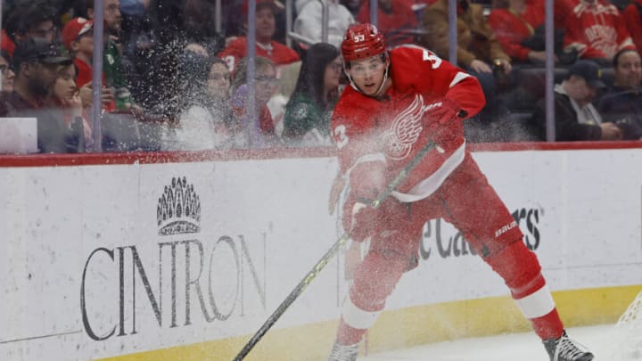 Apr 10, 2023; Detroit, Michigan, USA; Detroit Red Wings defenseman Moritz Seider (53) skates with the puck in the first period against the Dallas Stars at Little Caesars Arena. Mandatory Credit: Rick Osentoski-USA TODAY Sports