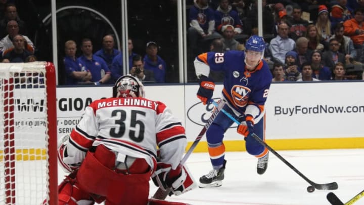 UNIONDALE, NEW YORK - JANUARY 08: Brock Nelson #29 of the New York Islanders skates against the Carolina Hurricanes at NYCB Live at the Nassau Veterans Memorial Coliseum on January 08, 2019 in Uniondale, New York. The Hurricanes defeated the Islanders 4-3. (Photo by Bruce Bennett/Getty Images)