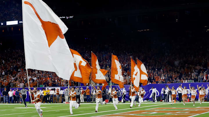 HOUSTON, TX - DECEMBER 27: Texas Longhorns celebrate a touchdown against the Missouri Tigers at NRG Stadium on December 27, 2017 in Houston, Texas. (Photo by Bob Levey/Getty Images)