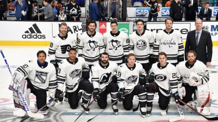 SAN JOSE, CA - JANUARY 26: Members of the Metropolitan Division team of the Eastern Conference pose for a team photo during the 2019 Honda NHL All-Star Game at SAP Center on January 26, 2019 in San Jose, California. (Photo by Brandon Magnus/NHLI via Getty Images)