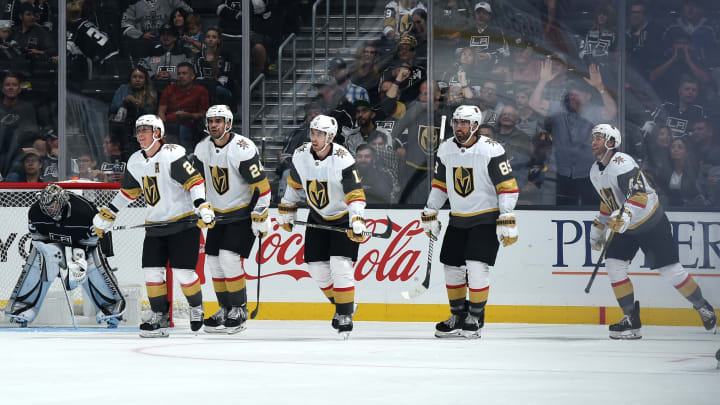 LOS ANGELES, CA – SEPTEMBER 19: Cody Eakin #21, Jaycob Megna #24, Curtis McKenzie #11, Alex Tuch #89 and Jake Bischoff #45 of the Vegas Golden Knights celebrate a third-period goal as goaltender Jonathan Quick #32 of the Los Angeles Kings reacts during the preseason game at STAPLES Center on September 19, 2019 in Los Angeles, California. (Photo by Juan Ocampo/NHLI via Getty Images)