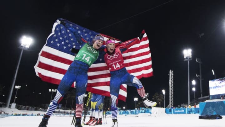PYEONGCHANG-GUN, SOUTH KOREA - FEBRUARY 21: Jessica Diggins of USA and Kikkan Randall of USA celebrates their gold during the women's Cross Country Team Sprint Free Technique at Alpensia Cross-Country Centre on February 21, 2018 in Pyeongchang-gun, South Korea. (Photo by Nils Petter Nilsson/Getty Images)