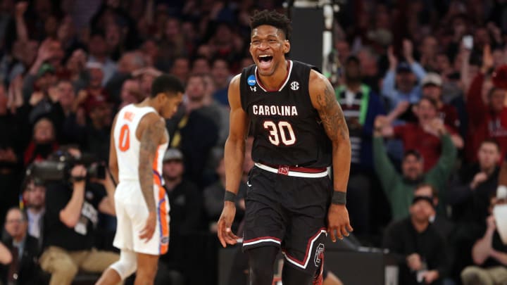 Mar 26, 2017; New York, NY, USA; South Carolina Gamecocks forward Chris Silva (30) celebrates during the second half against the Florida Gators in the finals of the East Regional of the 2017 NCAA Tournament at Madison Square Garden. Mandatory Credit: Brad Penner-USA TODAY Sports