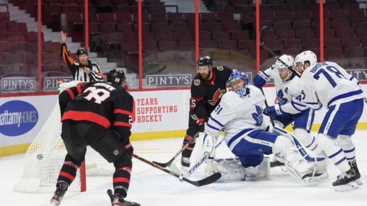 Frederik Andersen #31 of the Toronto Maple Leafs concedes a goal to the Ottawa Senators. (Photo by Matt Zambonin/Freestyle Photography/Getty Images)