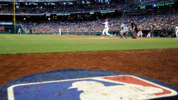 WASHINGTON, DC - MAY 21: Bryce Harper #34 of the Washington Nationals hits a home run in the fifth inning against the San Diego Padres at Nationals Park on May 21, 2018 in Washington, DC. (Photo by Greg Fiume/Getty Images)