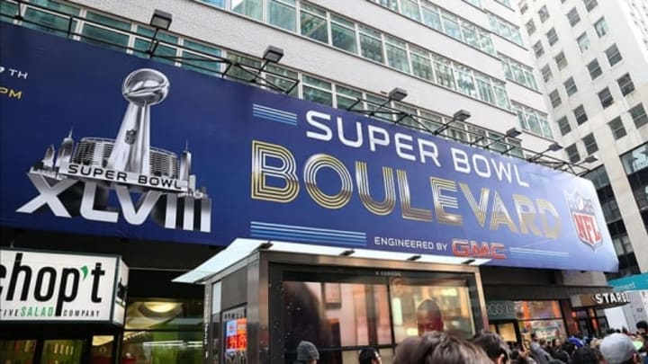 Feb 1, 2014; New York, NY, USA; General view of the Super Bowl logo on Super Bowl Boulevard. Mandatory Credit: Matthew Emmons-USA TODAY Sports