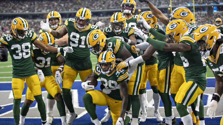 ARLINGTON, TX – OCTOBER 6: Chandon Sullivan #39 of the Green Bay Packers celebrates with teammates after intercepting a pass during a game against the Dallas Cowboys at AT&T Stadium on October 6, 2019 in Arlington, Texas. (Photo by Wesley Hitt/Getty Images)