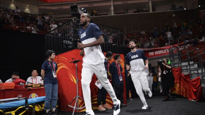 SHENZHEN, CHINA - SEPTEMBER 9: Khris Middleton #14 of Team USA runs onto the court before the game against Team Brazil during the FIBA World Cup on September 9, 2019 at the Shenzhen Bay Sports Center in Shenzhen, China. NOTE TO USER: User expressly acknowledges and agrees that, by downloading and/or using this photograph, user is consenting to the terms and conditions of the Getty Images License Agreement. Mandatory Copyright Notice: Copyright 2019 NBAE (Photo by David Dow/NBAE via Getty Images)