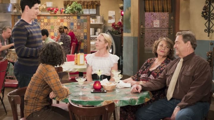 ROSEANNE - "Netflix & Pill" - After celebrating their 45th anniversary, Roseanne reveals to Dan a bigger problem with her bad knee. Meanwhile, Crystal announces her retirement as a waitress at the casino, and Becky and Darlene compete for the job which has full-time benefits, on the eighth episode of the revival of "Roseanne," TUESDAY, MAY 15 (8:00-8:30 p.m. EDT), on The ABC Television Network. (ABC/Adam Rose)MICHAEL FISHMAN, LECY GORANSON, ROSEANNE BARR, JOHN GOODMAN