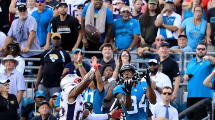 JACKSONVILLE, FL – SEPTEMBER 16: Keelan Cole #84 of the Jacksonville Jaguars attempts a reception against Eric Rowe #25 of the New England Patriots during the game at TIAA Bank Field on September 16, 2018, in Jacksonville, Florida. (Photo by Sam Greenwood/Getty Images)