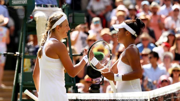 LONDON, ENGLAND - JULY 07: Heather Watson of Great Britain and Victoria Azarenka of Belarus shake hands after the Ladies Singles third round match on day five of the Wimbledon Lawn Tennis Championships at the All England Lawn Tennis and Croquet Club on July 7, 2017 in London, England. (Photo by Michael Steele/Getty Images)
