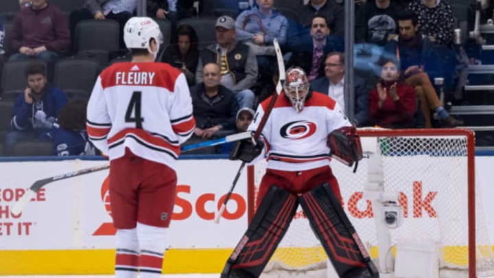 TORONTO, ON – APRIL 02: Carolina Hurricanes Goalie Petr Mrazek (34) celebrates the win after the NHL regular season game between the Carolina Hurricanes and the Toronto Maple Leafs on April 2, 2019, at Scotiabank Arena in Toronto, ON, Canada. (Photo by Julian Avram/Icon Sportswire via Getty Images)