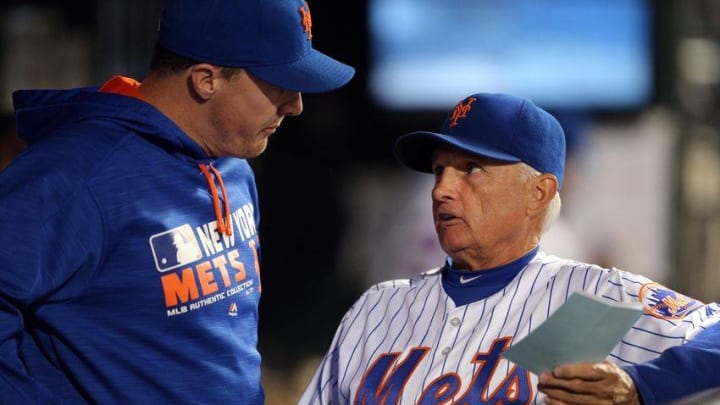 Sep 24, 2016; New York City, NY, USA; New York Mets right fielder Jay Bruce (19) talks with manager Terry Collins (10) in the dugout during the fifth inning against the Philadelphia Phillies at Citi Field. Mandatory Credit: Brad Penner-USA TODAY Sports