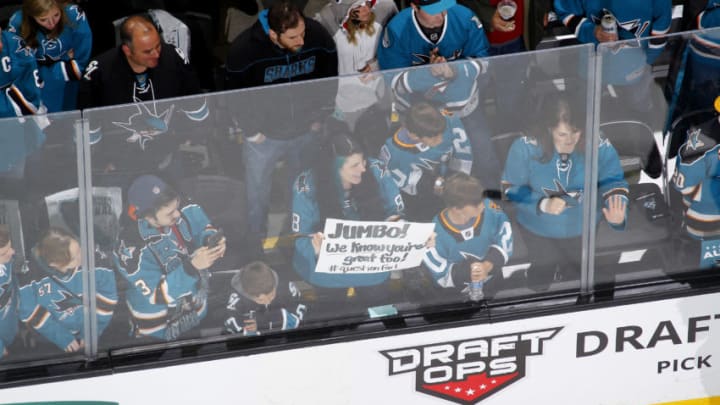 SAN JOSE, CA - MAY 21: A fan holds up a sign cheering for Joe Thornton