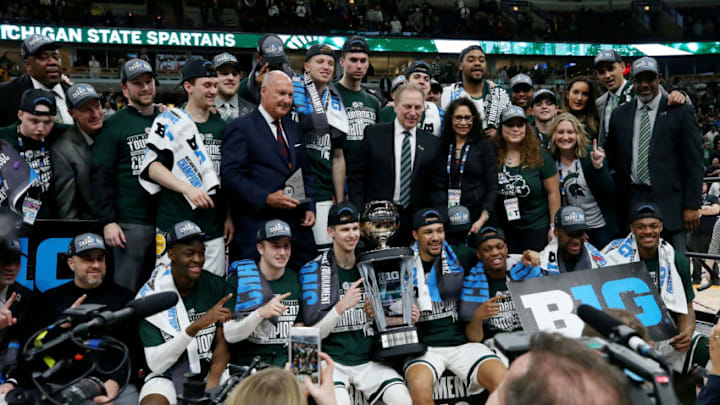 CHICAGO, ILLINOIS - MARCH 17: The Michigan State Spartans pose for photos after beating the Michigan Wolverines 65-60 in the championship game of the Big Ten Basketball Tournament at the United Center on March 17, 2019 in Chicago, Illinois. (Photo by Jonathan Daniel/Getty Images)