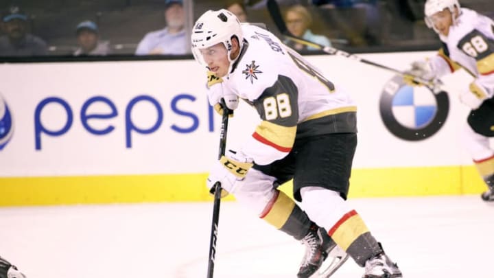 SAN JOSE, CA - SEPTEMBER 21: Golden Knights defenseman Nate Schmidt (88) carries the puck during the NHL game between the San Jose Sharks and the Vegas Golden Knights on September 21, 2017, at the SAP Center in San Jose, CA. (Photo by Matt Cohen/Icon Sportswire via Getty Images)