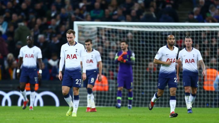 LONDON, ENGLAND - DECEMBER 29: Players of Tottenham Hotspur look dejected after Willy Boly of Wolverhampton Wanderers scored his team's first goal during the Premier League match between Tottenham Hotspur and Wolverhampton Wanderers at Tottenham Hotspur Stadium on December 29, 2018 in London, United Kingdom. (Photo by Jordan Mansfield/Getty Images)