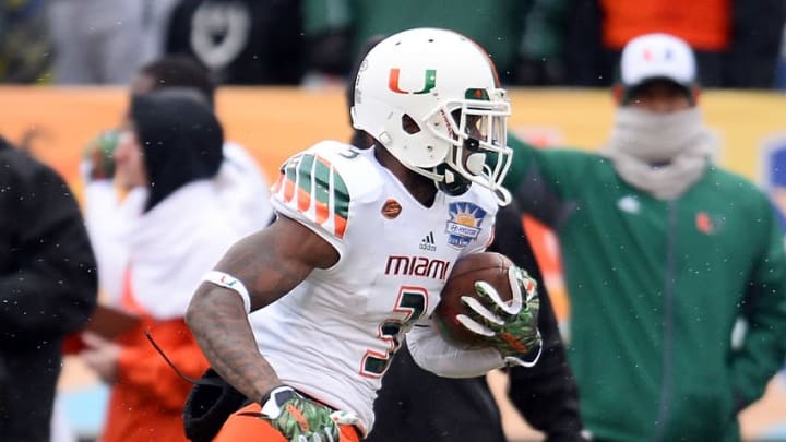 Dec 26, 2015; El Paso, TX, USA; Miami Hurricanes wide receiver Stacy Coley (3) runs with the ball against the Washington State Cougars during the second half at Sun Bowl Stadium. Mandatory Credit: Joe Camporeale-USA TODAY Sports