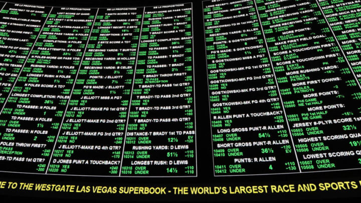 LAS VEGAS, NV - JANUARY 26: Some of the more than 400 proposition bets for Super Bowl LI between the Philadelphia Eagles and the New England Patriots are displayed at the Race & Sports SuperBook at the Westgate Las Vegas Resort & Casino on January 26, 2018 in Las Vegas, Nevada. (Photo by Ethan Miller/Getty Images)