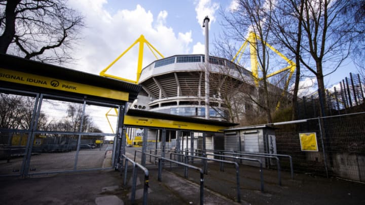 DORTMUND, GERMANY - MARCH 14: The empty periphery of the Signal Iduna Park, home stadium of Borussia Dortmund, is seen on March 9, 2020 in Dortmund, Germany. As the number of confirmed cases of coronavirus infection continues to rise daily across Germany so is the impact of the virus on everyday life. Businesses are increasing home office work, airlines are decreasing their flight capacity, schools with cases of the virus are closing temporarily, some sports events are void of spectators, shops are selling out of disinfectants and large-scale public events are being cancelled. (Photo by Lars Baron/Getty Images)
