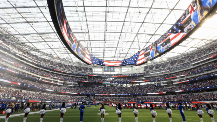 INGLEWOOD, CALIFORNIA – A general view during the singing of the national anthem before the game  at SoFi Stadium (Photo by Harry How/Getty Images)