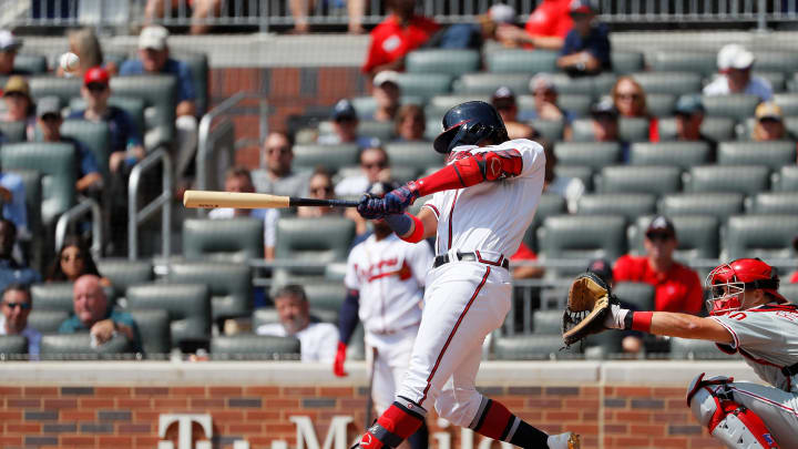 ATLANTA, GEORGIA – SEPTEMBER 19: Ronald Acuna Jr. #13 of the Atlanta Braves hits his 40th homer in the third inning against the Philadelphia Phillies at SunTrust Park on September 19, 2019 in Atlanta, Georgia. (Photo by Kevin C. Cox/Getty Images)