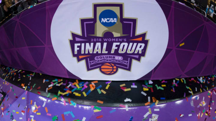 COLUMBUS, OH - APRIL 01: A detailed view of the 2018 Women's Final Four logo with remnants of confetti after the National Championship game between the Mississippi State Lady Bulldogs and the Notre Dame Fighting Irish on April 1, 2018 at Nationwide Arena. Notre Dame won 61-58. (Photo by Adam Lacy/Icon Sportswire via Getty Images)