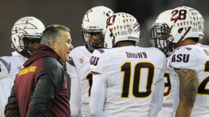 Nov 15, 2014; Corvallis, OR, USA; Arizona State Sun Devils head coach Todd Graham talks to players during the third quarter of a game against the Oregon State Beavers at Reser Stadium. The Beavers won 35-27. Mandatory Credit: Susan Ragan-USA TODAY Sports