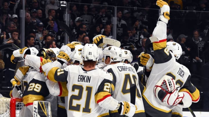 LOS ANGELES, CA – APRIL 17: The Vegas Golden Knights celebrate their 1-0 win over the Los Angeles Kings in Game Four of the Western Conference First Round during the 2018 NHL Stanley Cup Playoffs at Staples Center on April 17, 2018 in Los Angeles, California. (Photo by Juan Ocampo/NHLI via Getty Images) *** Local Caption ***