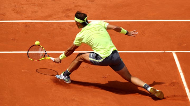 PARIS, FRANCE - MAY 27: Rafael Nadal of Spain returns the ball during his mens singles first round match against Yannick Hanfmann of Germany during Day two of the 2019 French Open at Roland Garros on May 27, 2019 in Paris, France. (Photo by Adam Pretty/Getty Images)