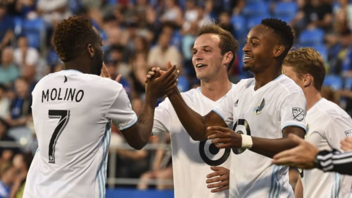 MONTREAL, QC - JULY 06: Mason Toye #23 of Minnesota United FC (R) celebrates his goal in the second half with teammate Kevin Molino #7 against the Montreal Impact during the MLS game at Saputo Stadium on July 6, 2019 in Montreal, Quebec, Canada. (Photo by Minas Panagiotakis/Getty Images)