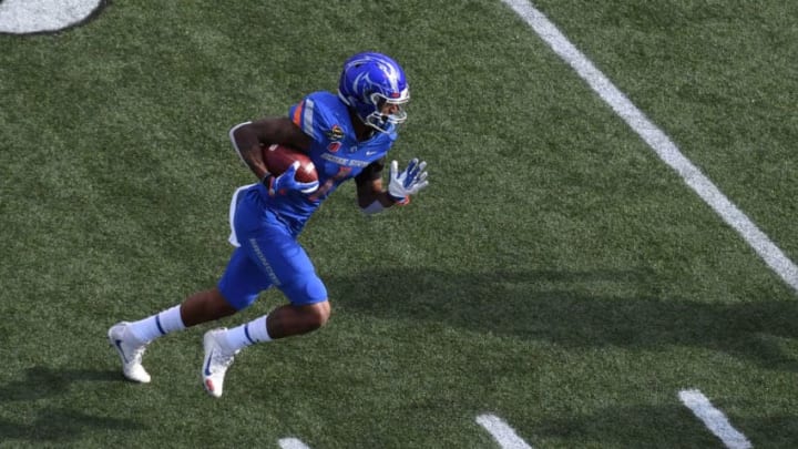 LAS VEGAS, NV - DECEMBER 16: Wide receiver Cedrick Wilson #1 of the Boise State Broncos runs for a 10-yard gain against the Oregon Ducks in the first half of the Las Vegas Bowl at Sam Boyd Stadium on December 16, 2017 in Las Vegas, Nevada. Boise State won 38-28. (Photo by Ethan Miller/Getty Images)