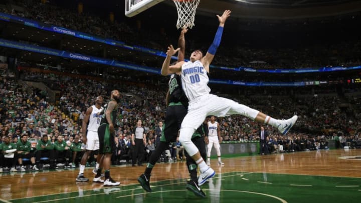 BOSTON, MA - JANUARY 21: Aaron Gordon #00 of the Orlando Magic goes to the basket against the Boston Celtics on January 21, 2018 at the TD Garden in Boston, Massachusetts. NOTE TO USER: User expressly acknowledges and agrees that, by downloading and or using this photograph, User is consenting to the terms and conditions of the Getty Images License Agreement. Mandatory Copyright Notice: Copyright 2018 NBAE (Photo by Brian Babineau/NBAE via Getty Images)