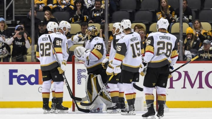 PITTSBURGH, PA - OCTOBER 19: Vegas Golden Knights Goalie Marc-Andre Fleury (29) is congratulated by teammates after a 3-0 shutout victory in the NHL game between the Pittsburgh Penguins and the Vegas Golden Knights on October 19, 2019, at PPG Paints Arena in Pittsburgh, PA. (Photo by Jeanine Leech/Icon Sportswire via Getty Images)