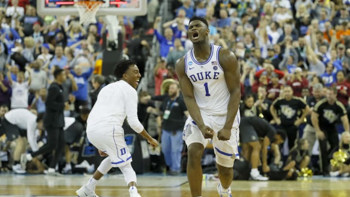 COLUMBIA, SOUTH CAROLINA – MARCH 24: Zion Williamson #1 of the Duke Blue Devils celebrates after defeating the UCF Knights in the second round game of the 2019 NCAA Men’s Basketball Tournament at Colonial Life Arena on March 24, 2019 in Columbia, South Carolina. (Photo by Kevin C. Cox/Getty Images)