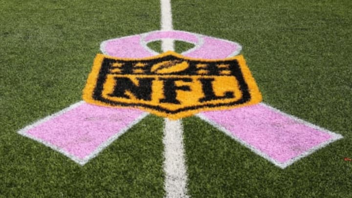 ORCHARD PARK, NY – OCTOBER 04: A pink ribbon under the NFL logo in honor of Breast Cancer Awareness Month is pictured before the game between New York Giants and Buffalo Bills at Ralph Wilson Stadium on October 4, 2015 in Orchard Park, New York. (Photo by Brett Carlsen/Getty Images)