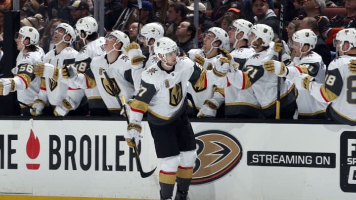 ANAHEIM, CA - DECEMBER 27: Shea Theodore #27 of the Vegas Golden Knights celebrates scoring against the Anaheim Ducks with teammates on the bench on December 27, 2017 at Honda Center in Anaheim, California. (Photo by Debora Robinson/NHLI via Getty Images)