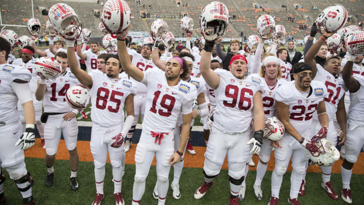 Dec 30, 2016; El Paso, TX, USA; The Stanford Cardinal team sings their school fight song after defeating the North Carolina Tar Heels 25-23 at Sun Bowl Stadium. Mandatory Credit: Ivan Pierre Aguirre-USA TODAY Sports