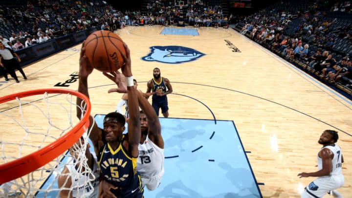 MEMPHIS, TN - OCTOBER 6: Edmond Sumner #5 of the Indiana Pacers shoots the ball against the Memphis Grizzlies during a pre-season game on October 6, 2018 at FedExForum in Memphis, Tennessee. NOTE TO USER: User expressly acknowledges and agrees that, by downloading and or using this Photograph, user is consenting to the terms and conditions of the Getty Images License Agreement. Mandatory Copyright Notice: Copyright 2018 NBAE (Photo by Joe Murphy/NBAE via Getty Images)