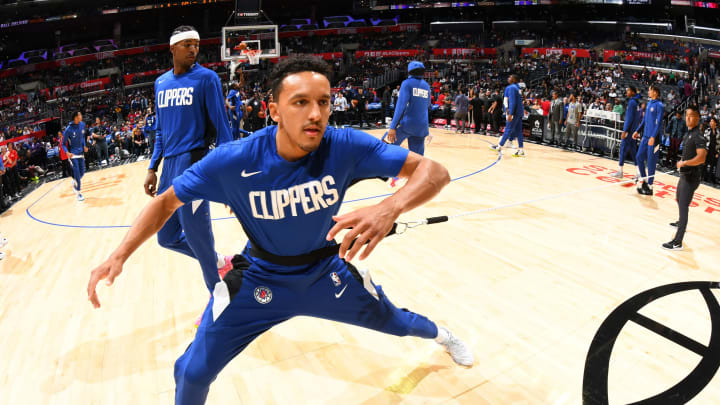 LOS ANGELES, CA – OCTOBER 10: Landry Shamet #20 of the LA Clippers stretches before the game against the Denver Nuggets during the preseason on October 10, 2019, at STAPLES Center in Los Angeles, California. (Photo by Adam Pantozzi/NBAE via Getty Images)