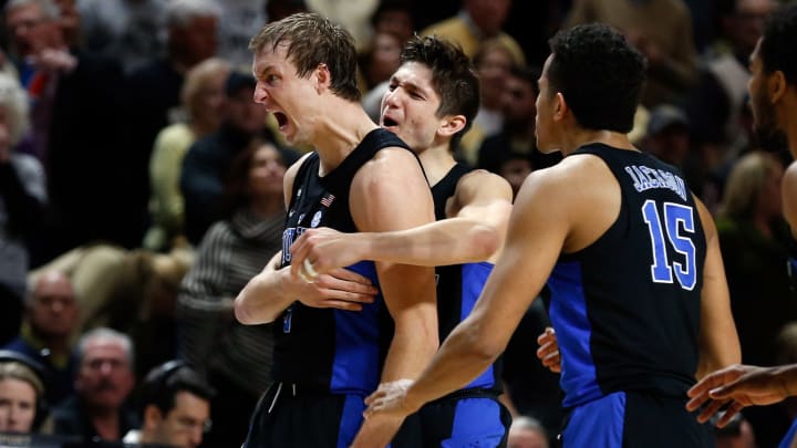 Jan 28, 2017; Winston-Salem, NC, USA; Duke Blue Devils guard Luke Kennard (5) celebrates with guard Grayson Allen (3) after hitting the go ahead three point shot in the final 7 seconds against the Wake Forest Demon Deacons at Lawrence Joel Veterans Memorial Coliseum. Duke defeated Wake 85-83. Mandatory Credit: Jeremy Brevard-USA TODAY Sports