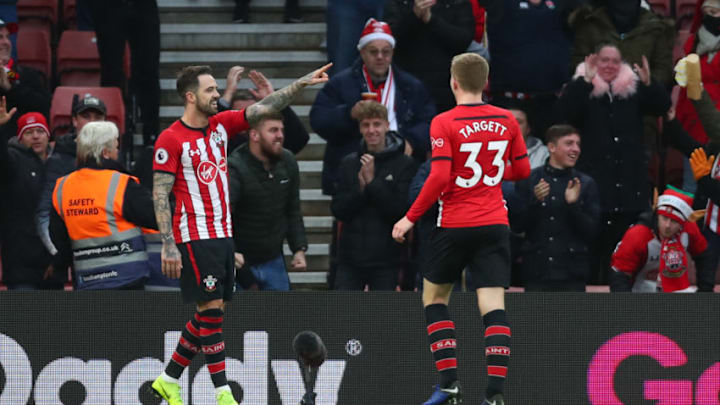 SOUTHAMPTON, ENGLAND - DECEMBER 16: Danny Ings of Southampton celebrates with teammate Matt Targett after scoring his team's second goal during the Premier League match between Southampton FC and Arsenal FC at St Mary's Stadium on December 16, 2018 in Southampton, United Kingdom. (Photo by Clive Rose/Getty Images)