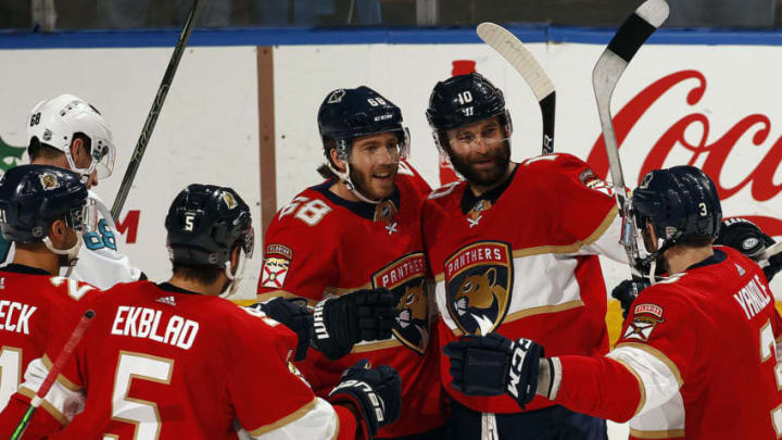SUNRISE, FL - DECEMBER 8: Brett Connolly #10 of the Florida Panthers celebrates his goal with teammates against the San Jose Sharks at the BB&T Center on December 8, 2019 in Sunrise, Florida. (Photo by Eliot J. Schechter/NHLI via Getty Images)