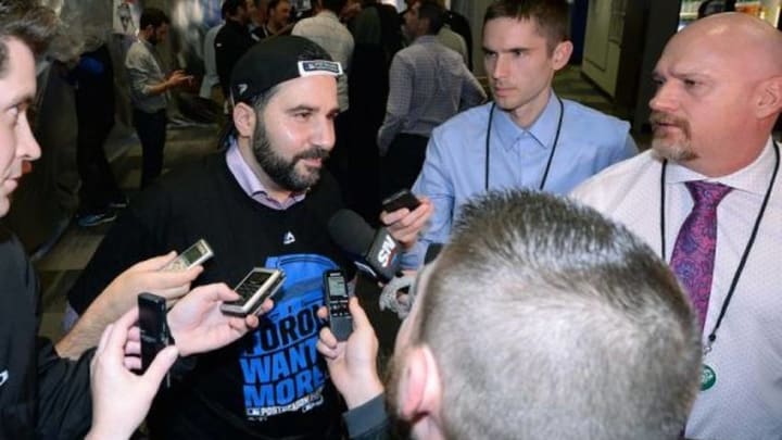 Oct 14, 2015; Toronto, Ontario, CAN; Toronto Blue Jays Vice President of Baseball Operations and General Manager Alex Anthopoulos talks with the media in the club house at the end of game five against the Texas Rangers in the ALDS at Rogers Centre. Mandatory Credit: Nick Turchiaro-USA TODAY Sports