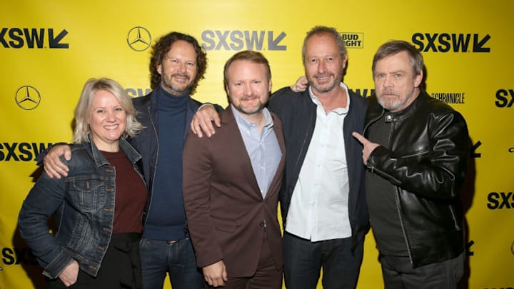 AUSTIN, TX - MARCH 12: (L-R) Producer Tylie Cox, producer Ram Bergman, Writer/Director Rian Johnson, director Anthony Wonke and actor Mark Hamill attend the Star Wars: The Last Jedi 'The Director and The Jedi' SXSW Documentary Premiere at Paramount Theatre on March 12, 2018 in Austin, Texas. (Photo by Jesse Grant/Getty Images for Disney)